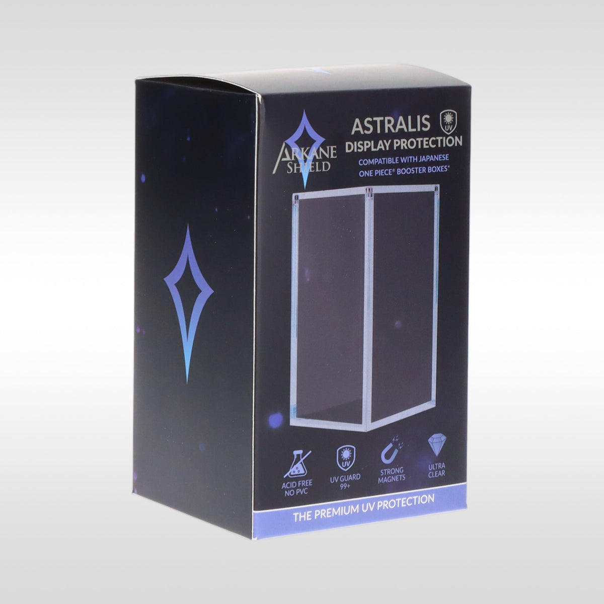 Astralis Display Protection Arkane Shield – boîtier acrylique anti-UV pour booster box One Piece japonais vue de profil