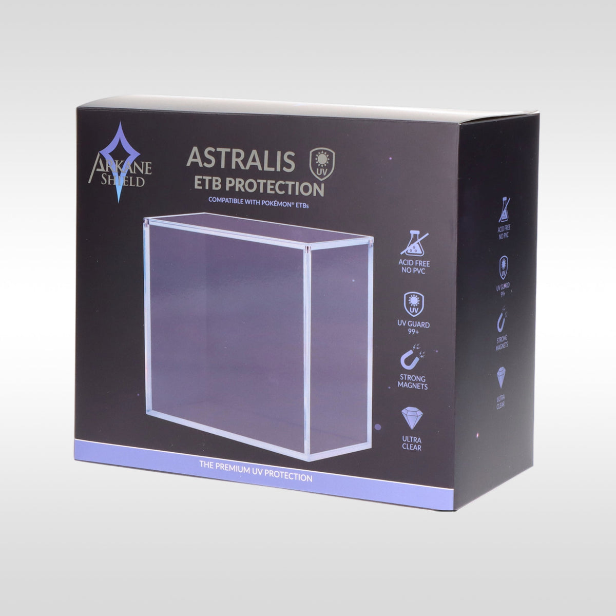 Astralis ETB Protection Arkane Shield – packaging du boîtier acrylique anti-UV pour Elite Trainer Box Pokémon