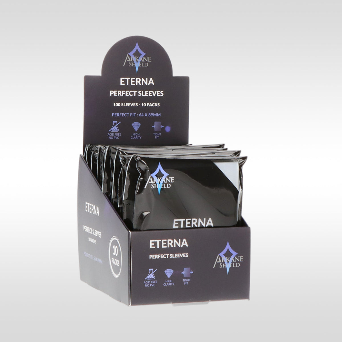 Display Eterna perfect sleeves 64x89 mm Arkane Shield – présentoir de 10 packs d'inner sleeves pour cartes TCG