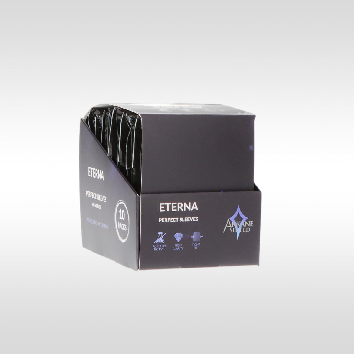Display Eterna perfect sleeves 64x89 mm Arkane Shield – packaging du présentoir 10 packs vue de profil
