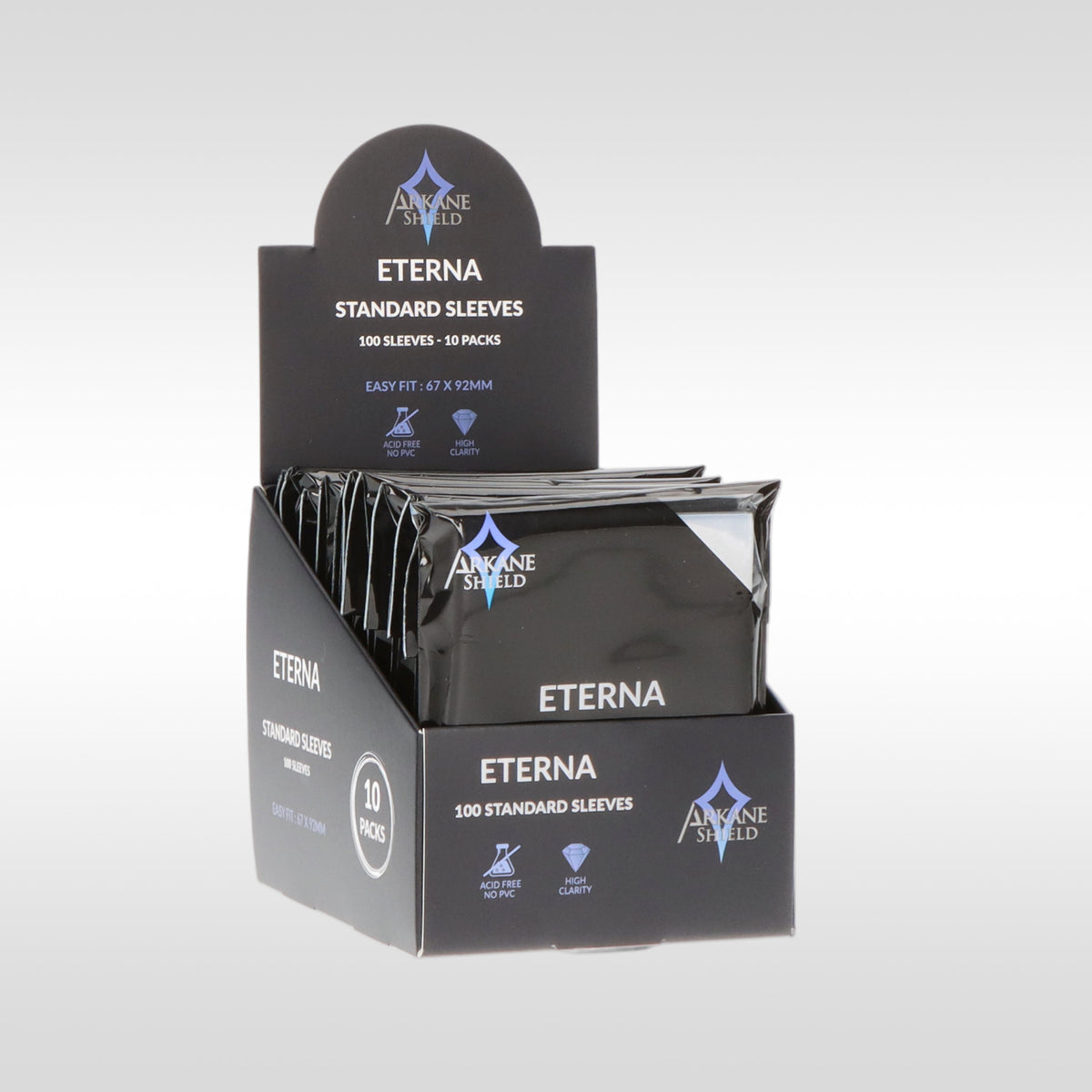 Display Eterna standard sleeves 67x92 mm Arkane Shield – présentoir de 10 packs de 100 pochettes pour cartes TCG