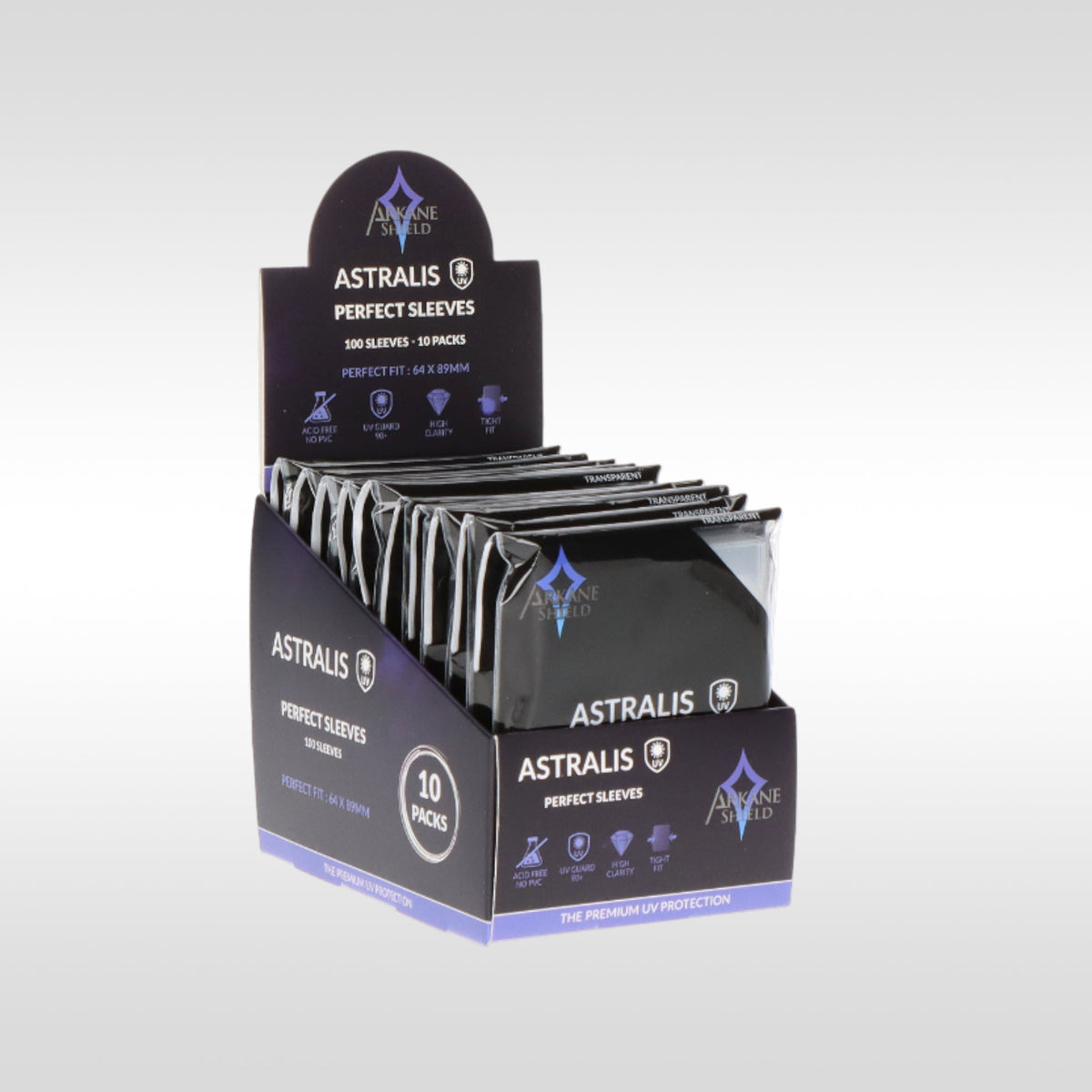 Pack Perfect Sleeves anti-UV 90+ 64x89 mm Arkane Shield – 100 pochettes pour cartes Pokémon