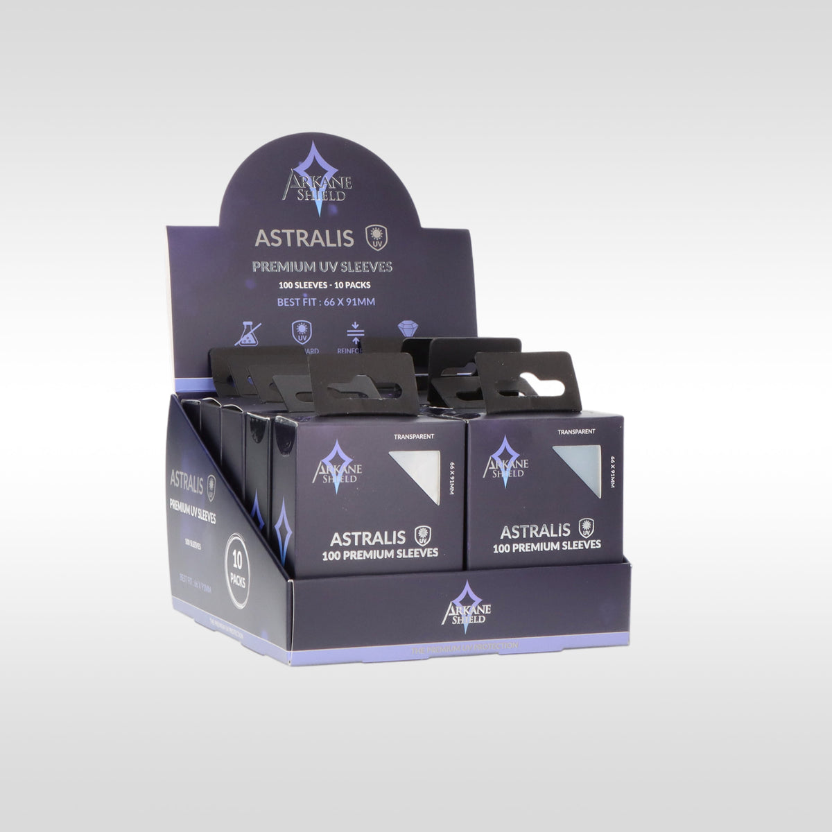 Pack de sleeves premium anti-UV 66x91 mm Arkane Shield – emballage 100 pochettes pour TCG