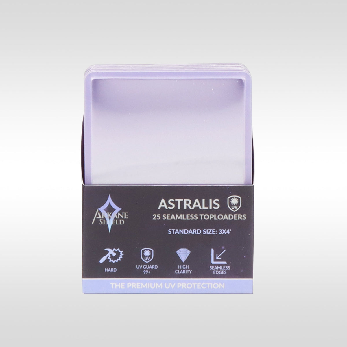 Pack de toploaders seamless anti-UV 3x4" 35pt Arkane Shield – vue de profil