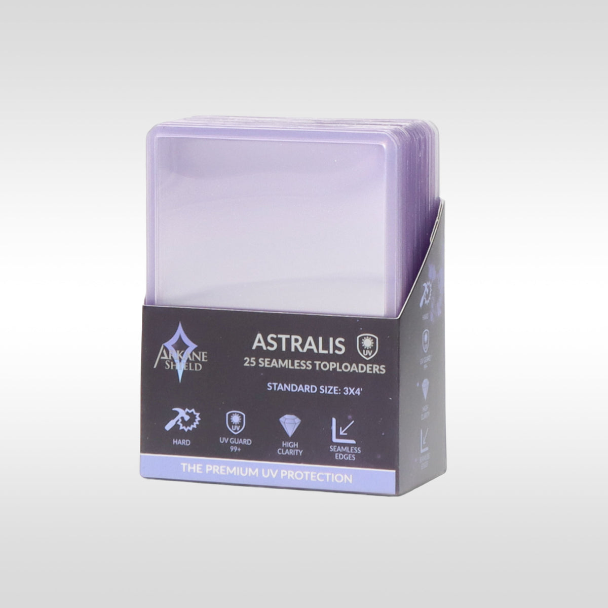 Pack de toploaders seamless anti-UV 3x4" 35pt Arkane Shield – vue de profil avec emballage
