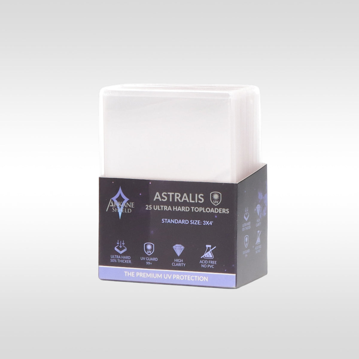Toploader ultra rigide anti-UV 3x4" Arkane Shield – vue de face avec carte Pokémon