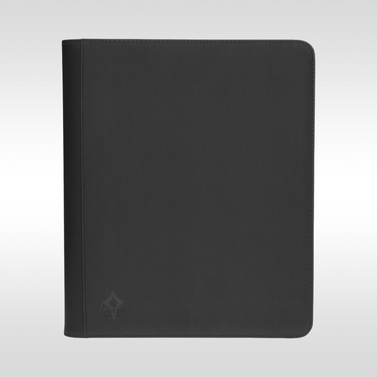 Binder premium toploader 9 cases Arkane Shield – portfolio noir zippé vue de face pour cartes TCG