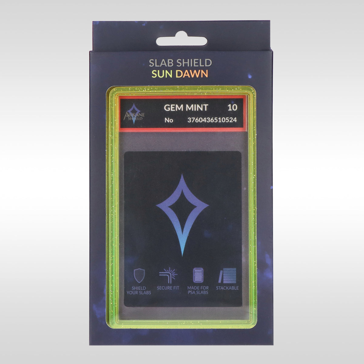 Slab Shield Sun Dawn – protection rigide jaune vert pour carte gradée PSA Arkane Shield
